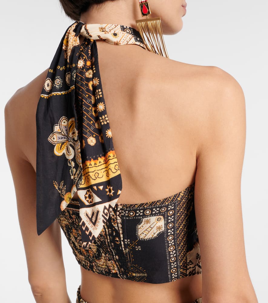 Isabel Marant Étoile Feyza Convertible Mixed Print Cotton Halter Top In Black / Ochre