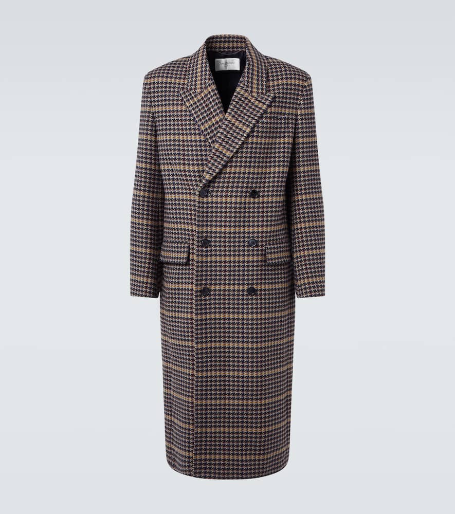 Houndstooth double-breasted wool overcoat