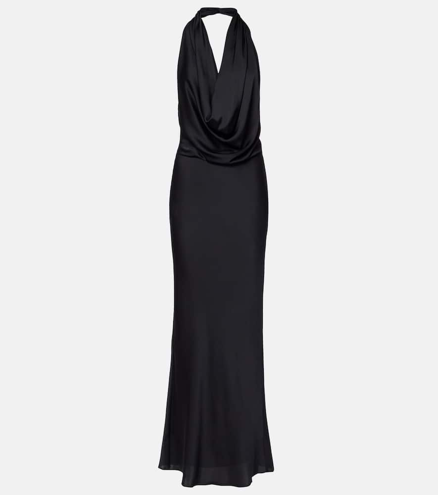 Staud Poppi Draped Halterneck Silk-blend Gown In Black