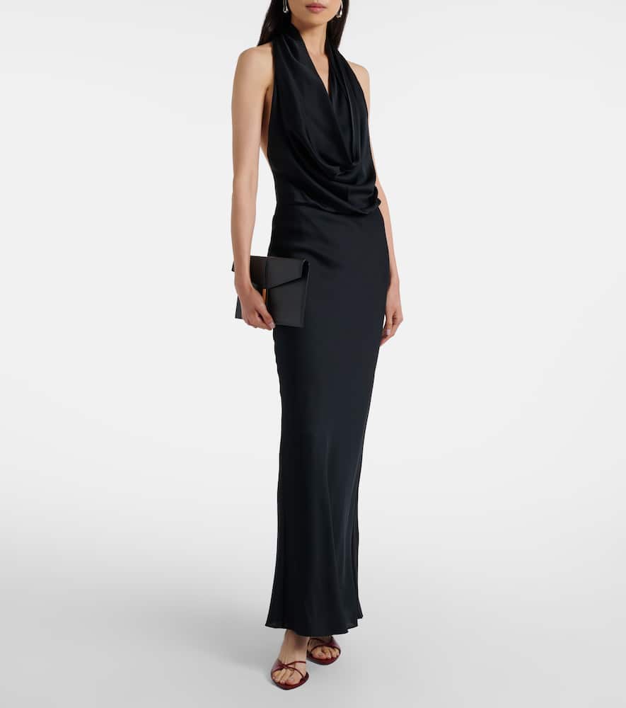 Staud Poppi Draped Halterneck Silk-blend Gown In Black