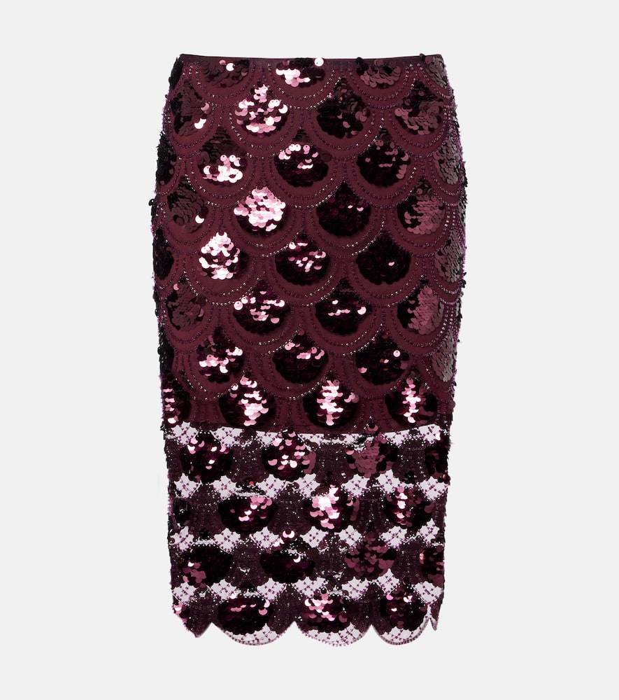 Rotate Birger Christensen Embellished Mesh Midi Skirt In Burgundy