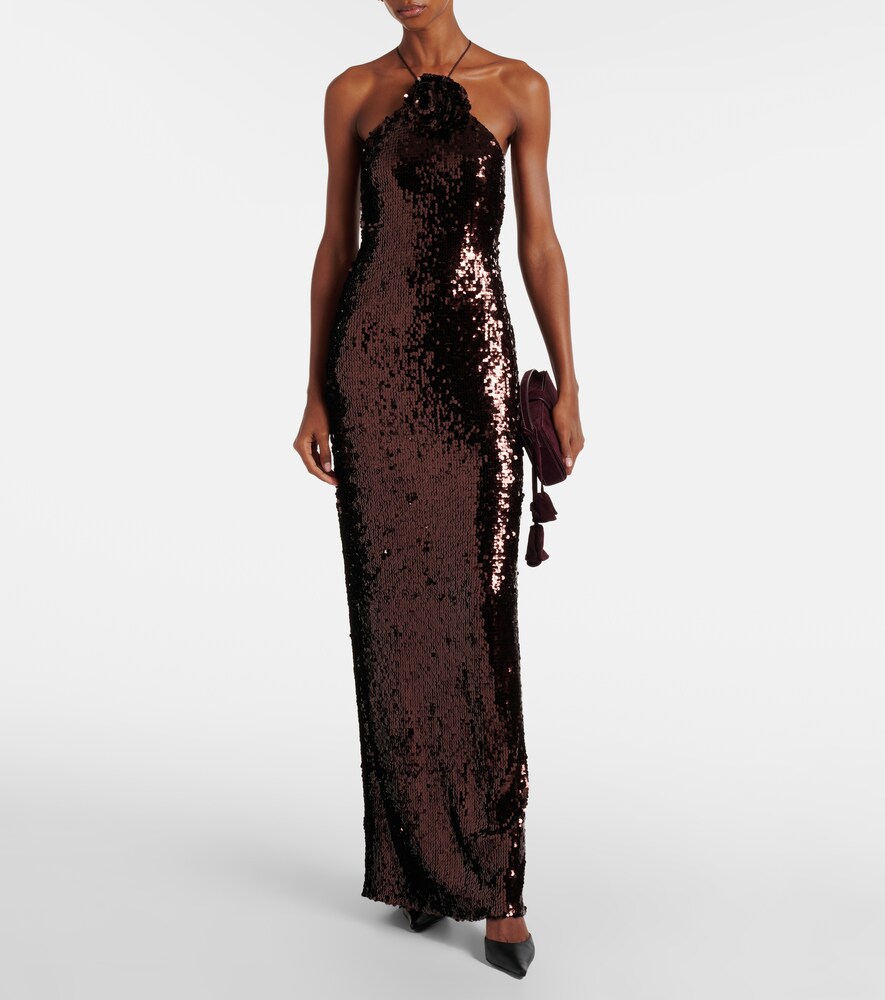 Floral-Appliqué Sequined Gown