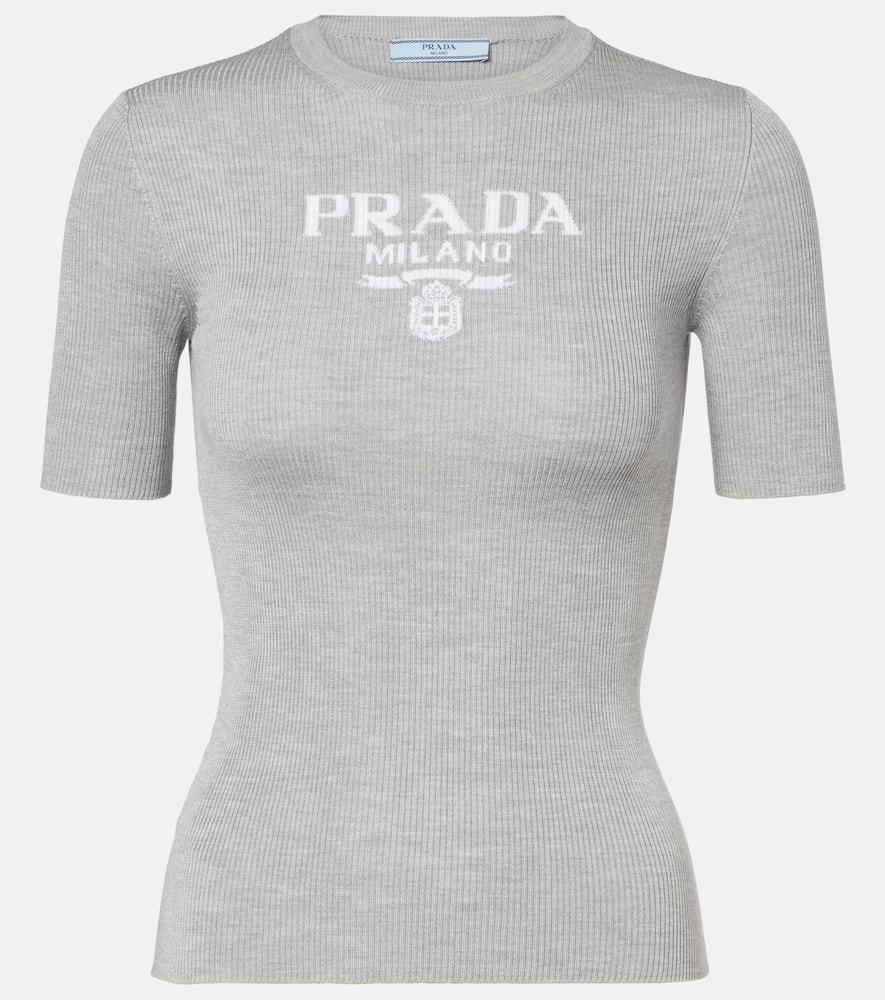 Prada Logo Ribbed-trim Silk T-shirt In Gray