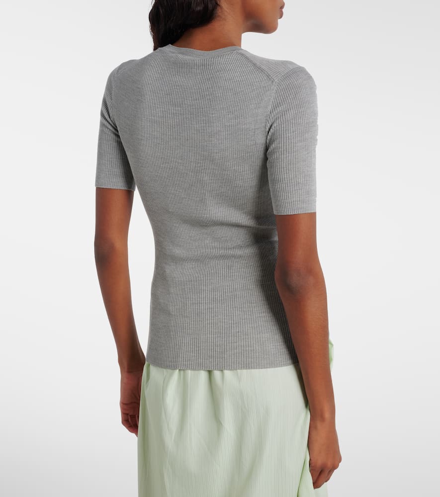 Prada Logo Ribbed-trim Silk T-shirt In Gray