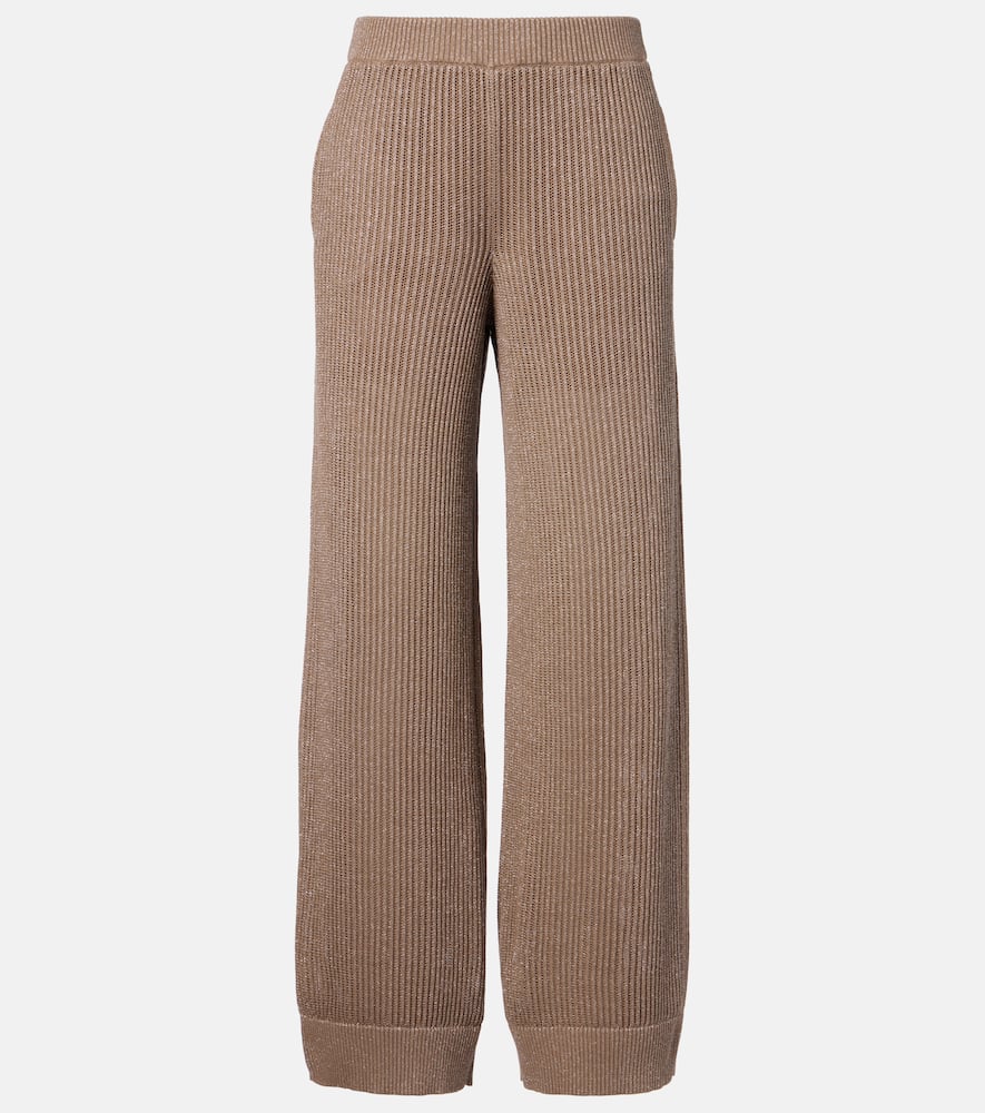 Brunello Cucinelli Ribbed-knit Cotton-blend Wide-leg Pants In Brown