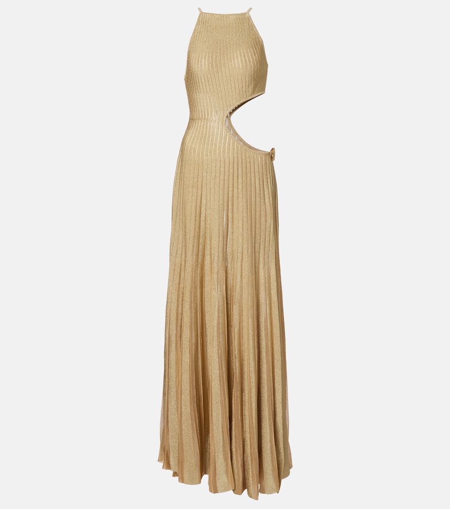 Roberto Cavalli Cutout ribbed-knit sheer lamé gown