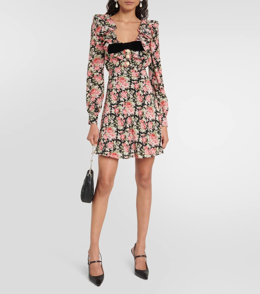 Alessandra Rich Rose Print Mini Silk Dress In Black