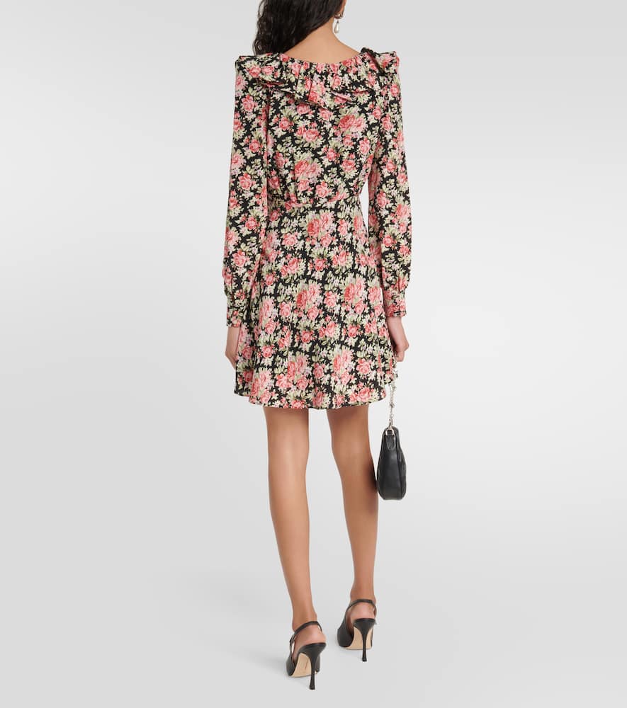 Alessandra Rich Rose Print Mini Silk Dress In Black