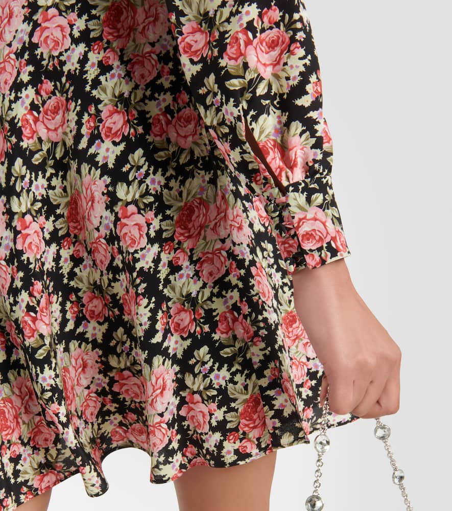 Alessandra Rich Rose Print Mini Silk Dress In Black