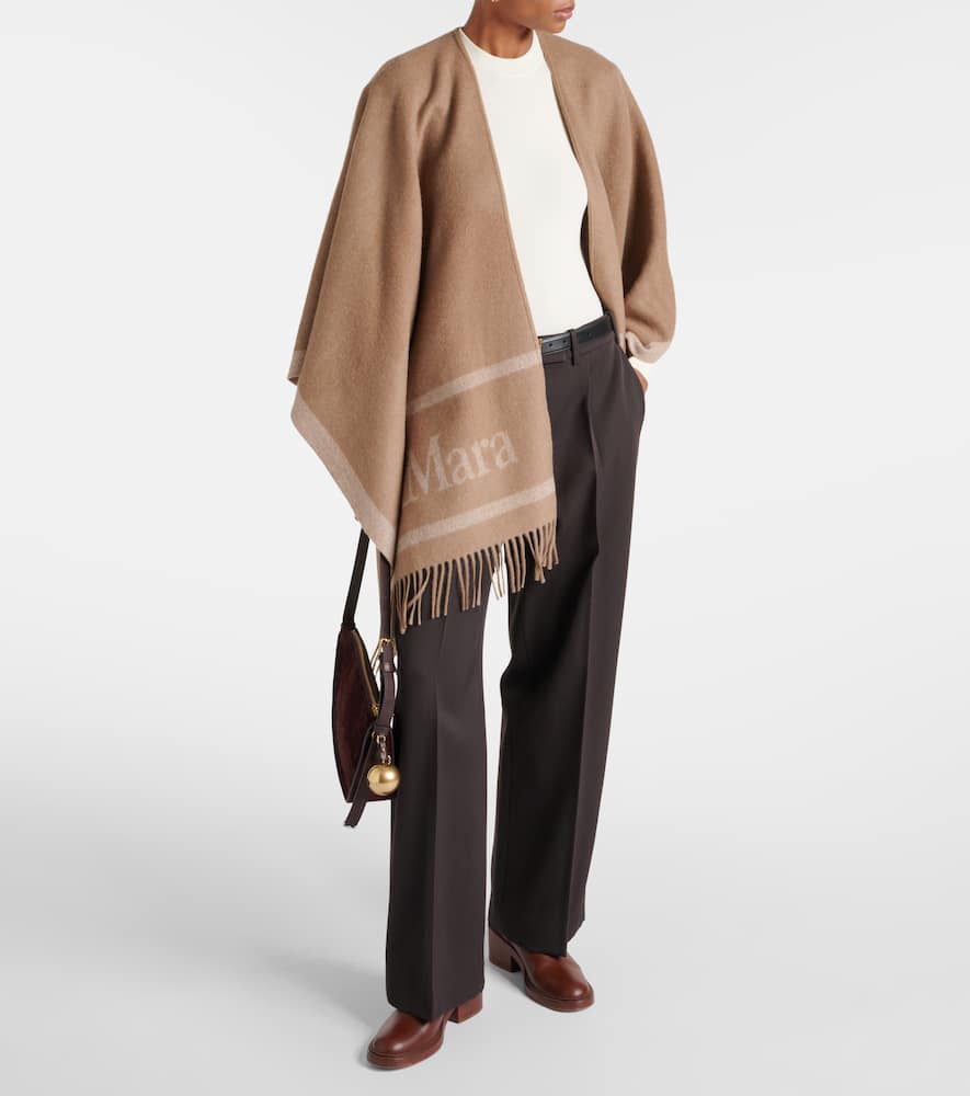 Max Mara Logo Jacquard Wool Poncho In Brown