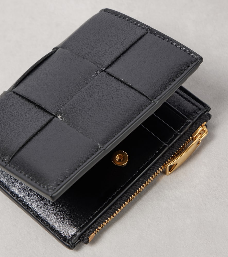 Bottega Veneta Cassette Small Bi-fold Intreccio Leather Wallet In Black
