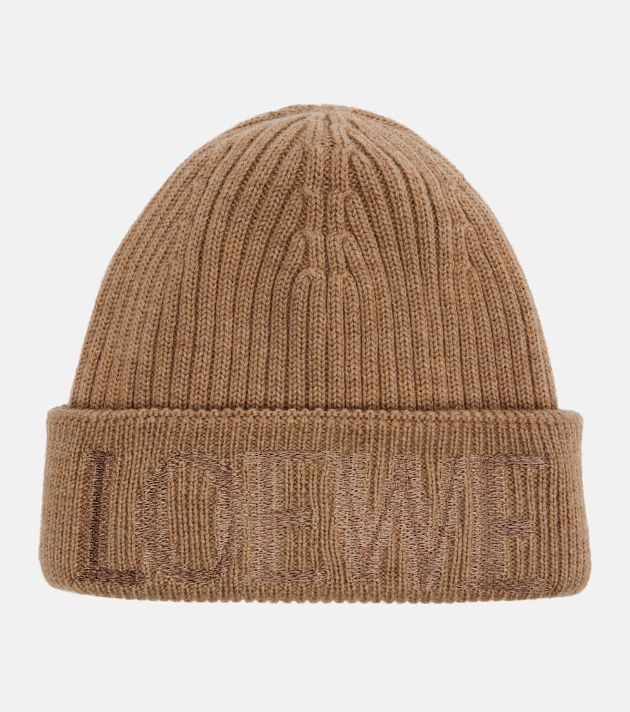 Loewe Logo Embroidered Ribbed-knit Wool Beanie In Brown