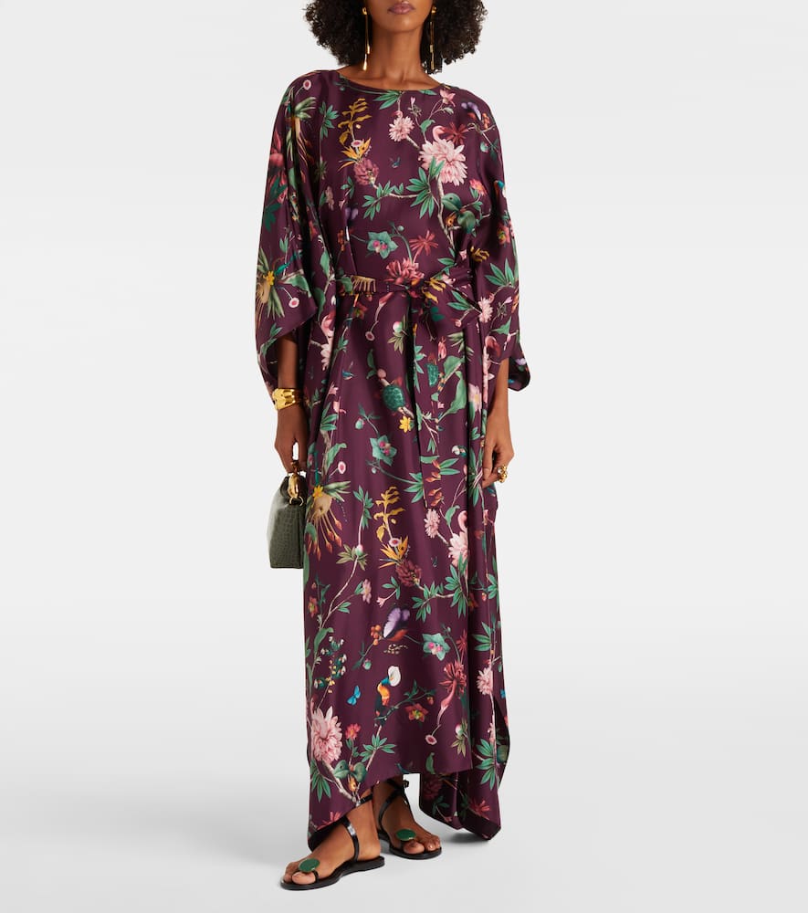 La Doublej Square Floral Silk Kaftan In Burgundy