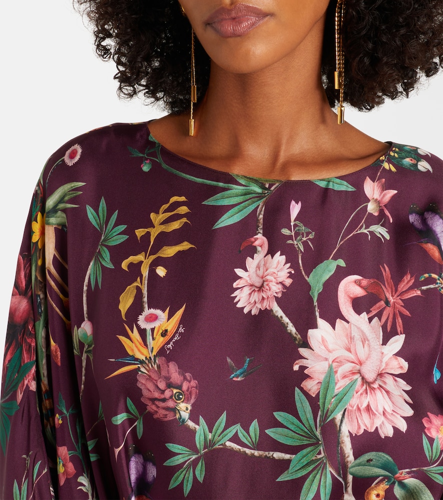 La Doublej Square Floral Silk Kaftan In Burgundy