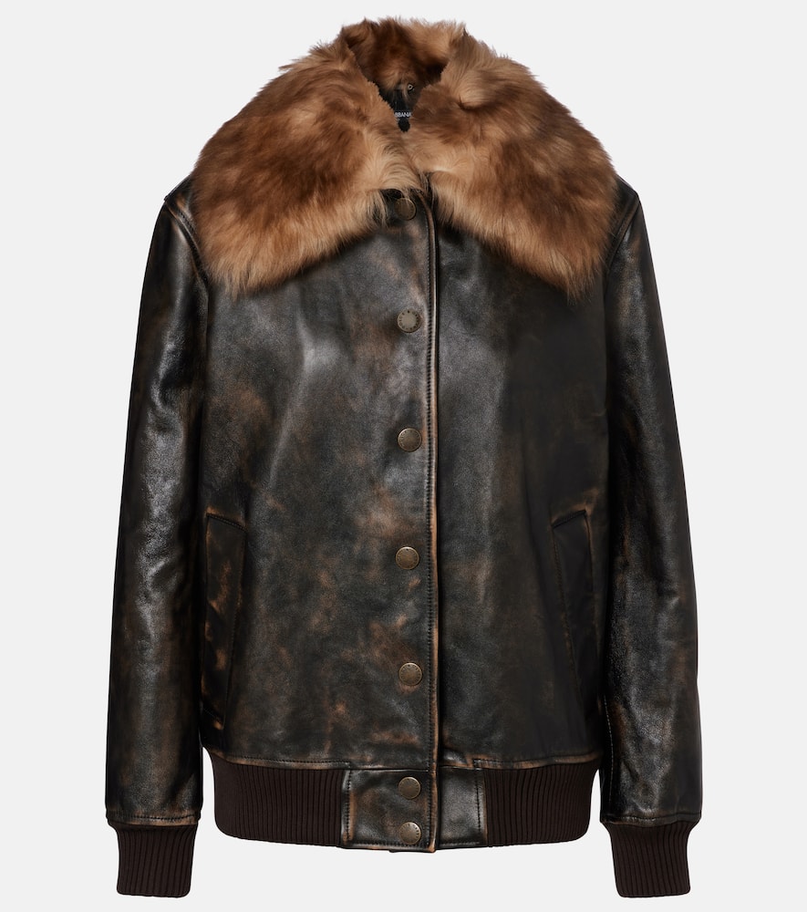 Dolce & Gabbana Shearling-trimmed Leather Bomber Jacket In Brown