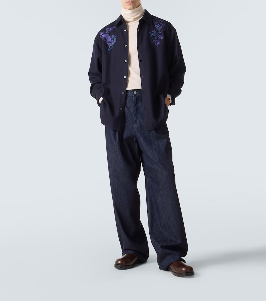 Dries Van Noten Mens Navy Croom Embroidered Wool Shirt In Blue