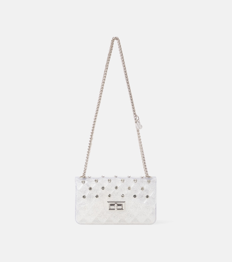 Borsa a spalla in PVC con glitter e borchie