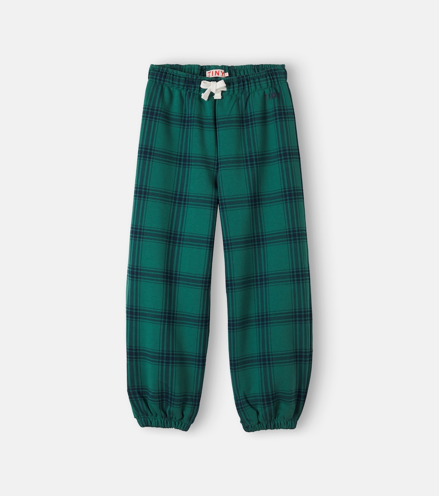 Tinycottons Kids' 格纹棉质针织运动裤 In Green Check