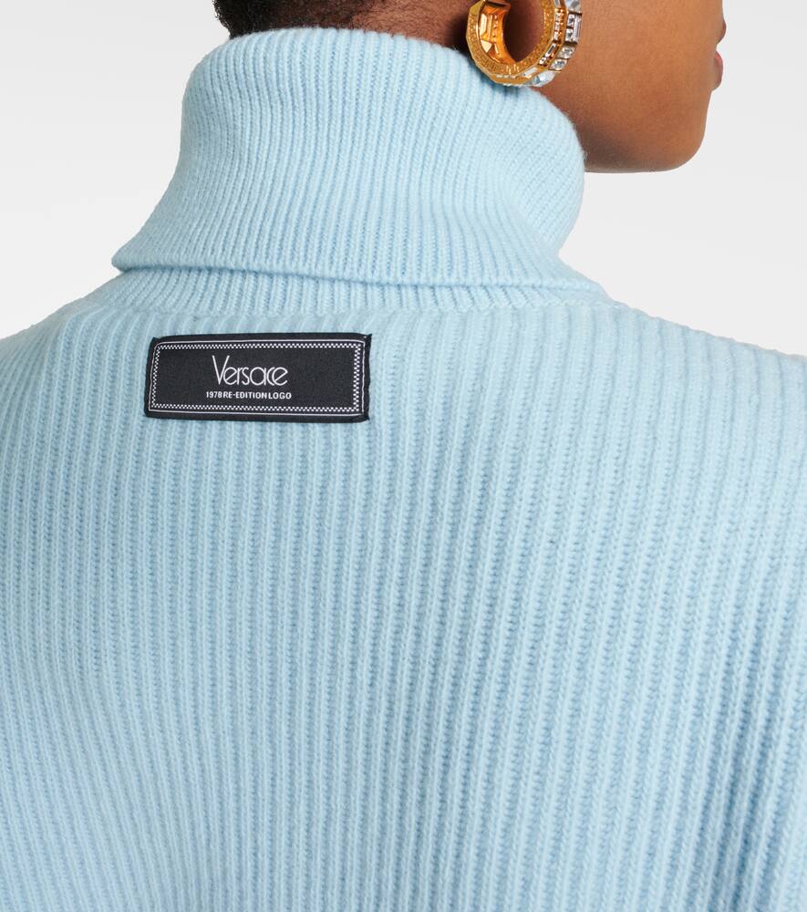 Shop Versace Logo Turtleneck Sweater In Blue