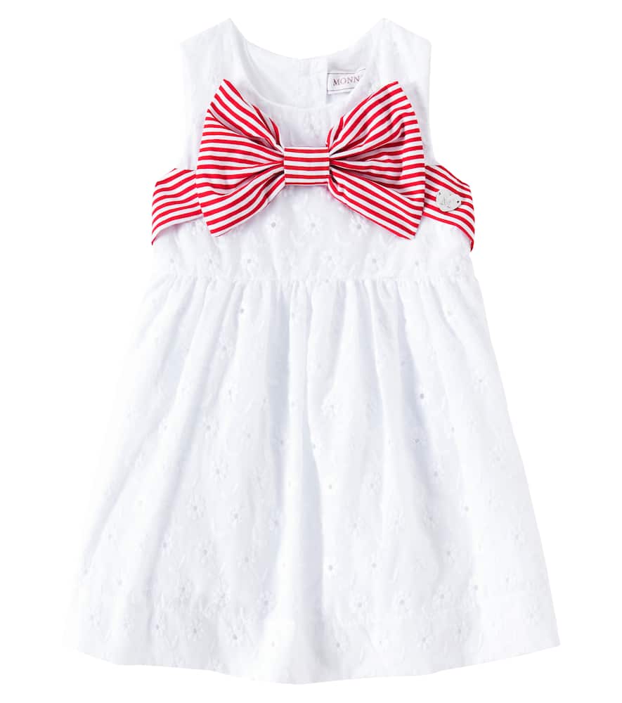 Monnalisa Baby Embroidered Bow-detail Cotton Dress In Bianco+rosso