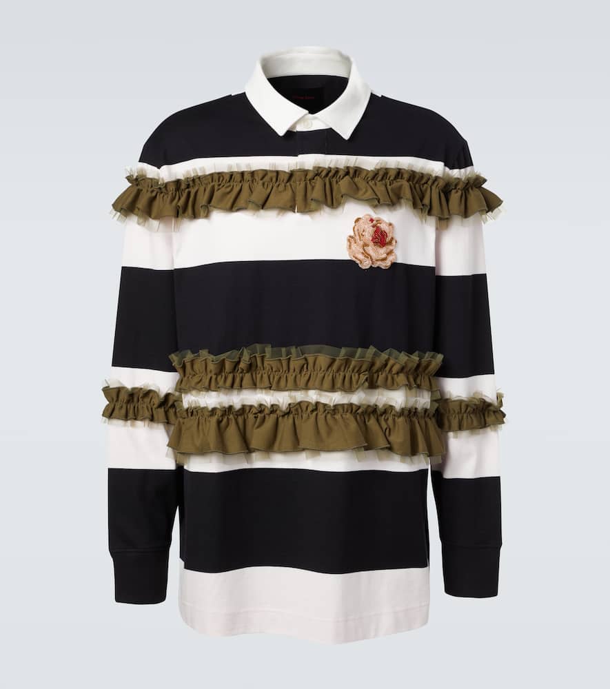 Simone Rocha Ruffled Striped Cotton Polo Shirt In Black