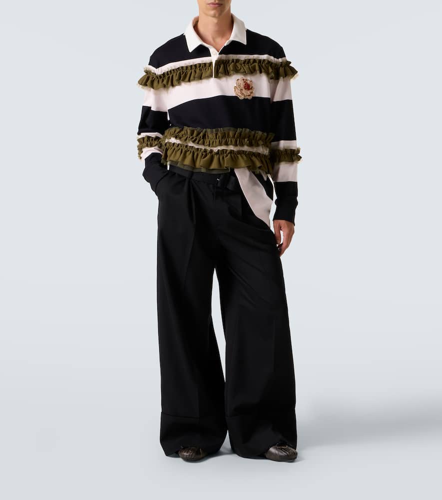 Simone Rocha Ruffled Striped Cotton Polo Shirt In Black