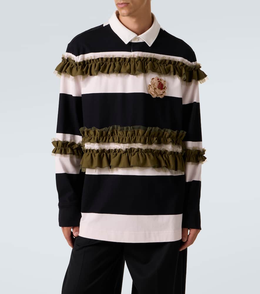 Simone Rocha Ruffled Striped Cotton Polo Shirt In Black
