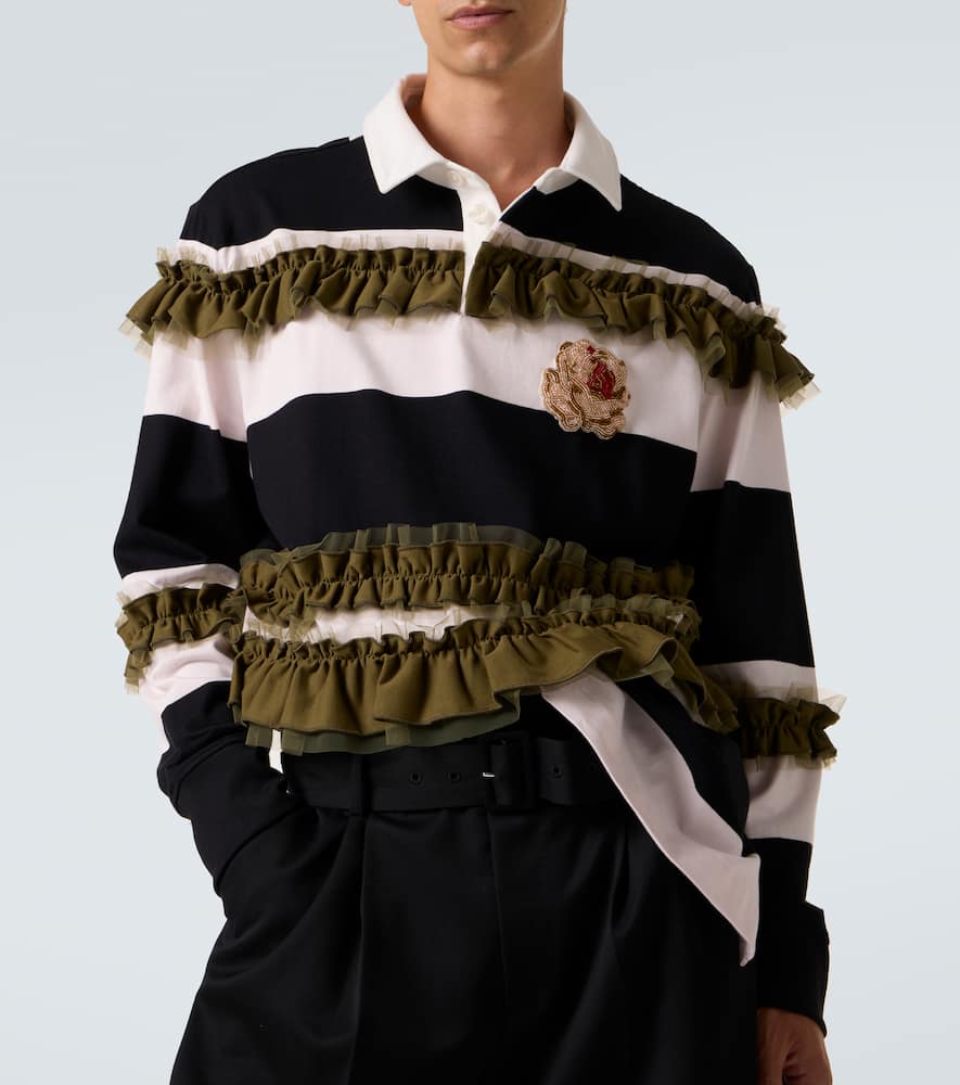 Simone Rocha Ruffled Striped Cotton Polo Shirt In Black