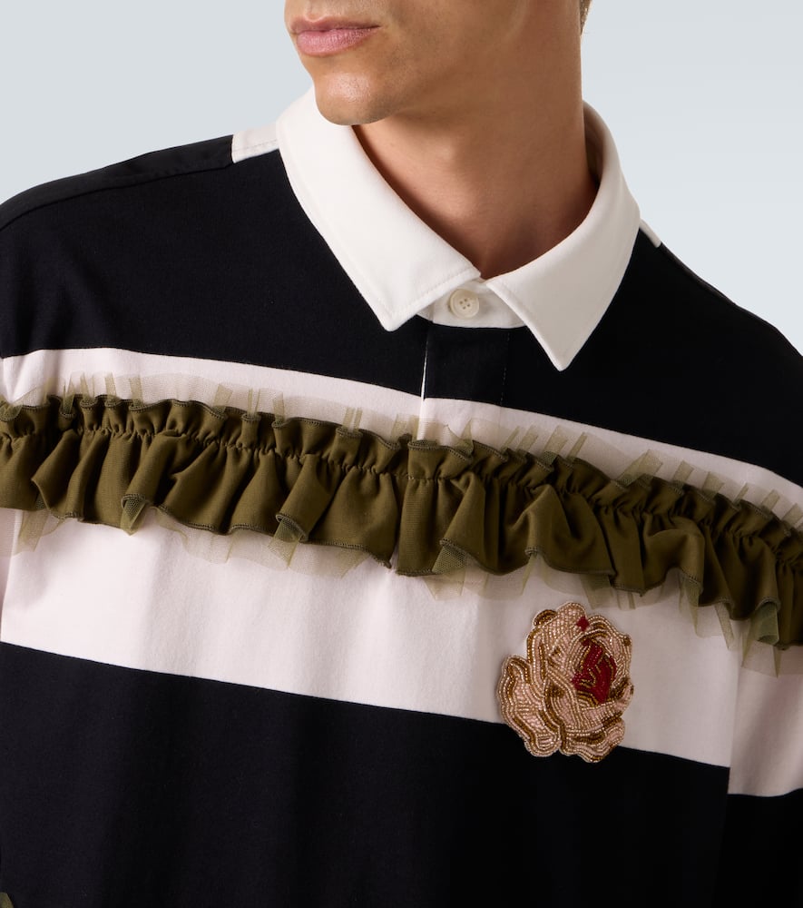 Simone Rocha Ruffled Striped Cotton Polo Shirt In Black