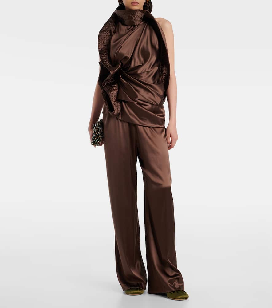 Dries Van Noten Asymmetric Draped Silk-blend Satin Top In Brown