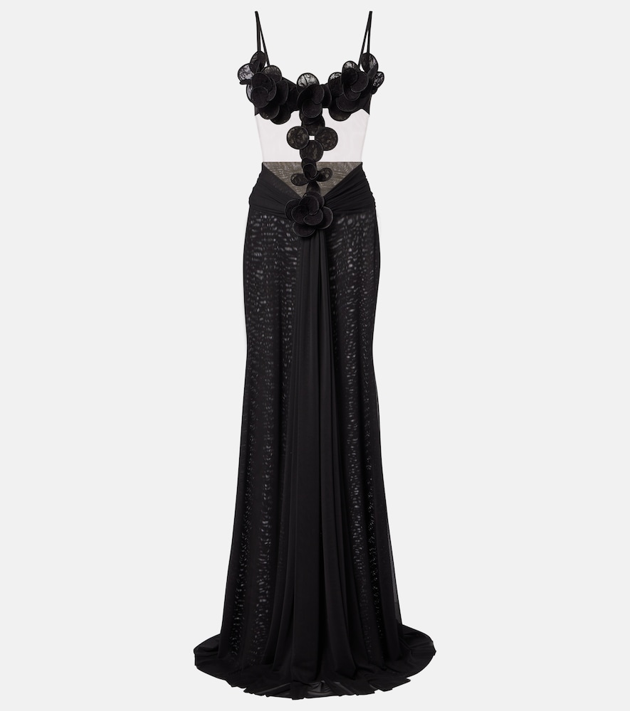 David Koma Floral-appliqué mesh gown