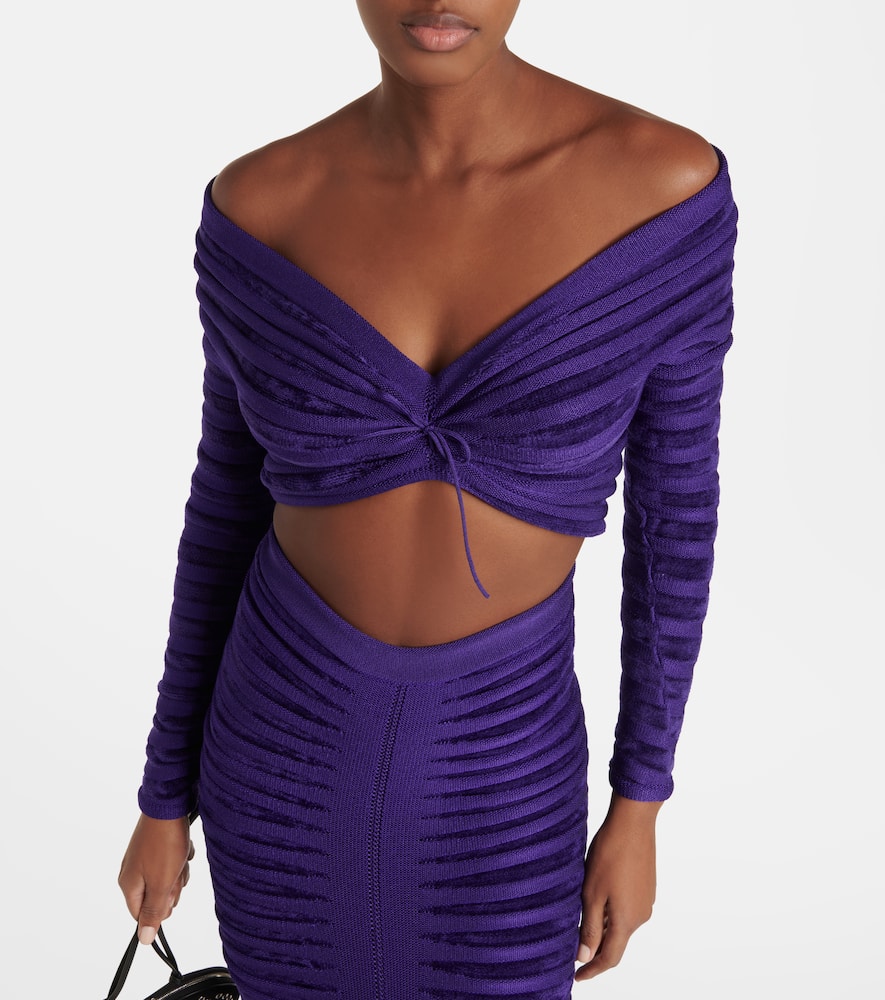 Shop Alaïa Off-shoulder Cinched Top In Purple