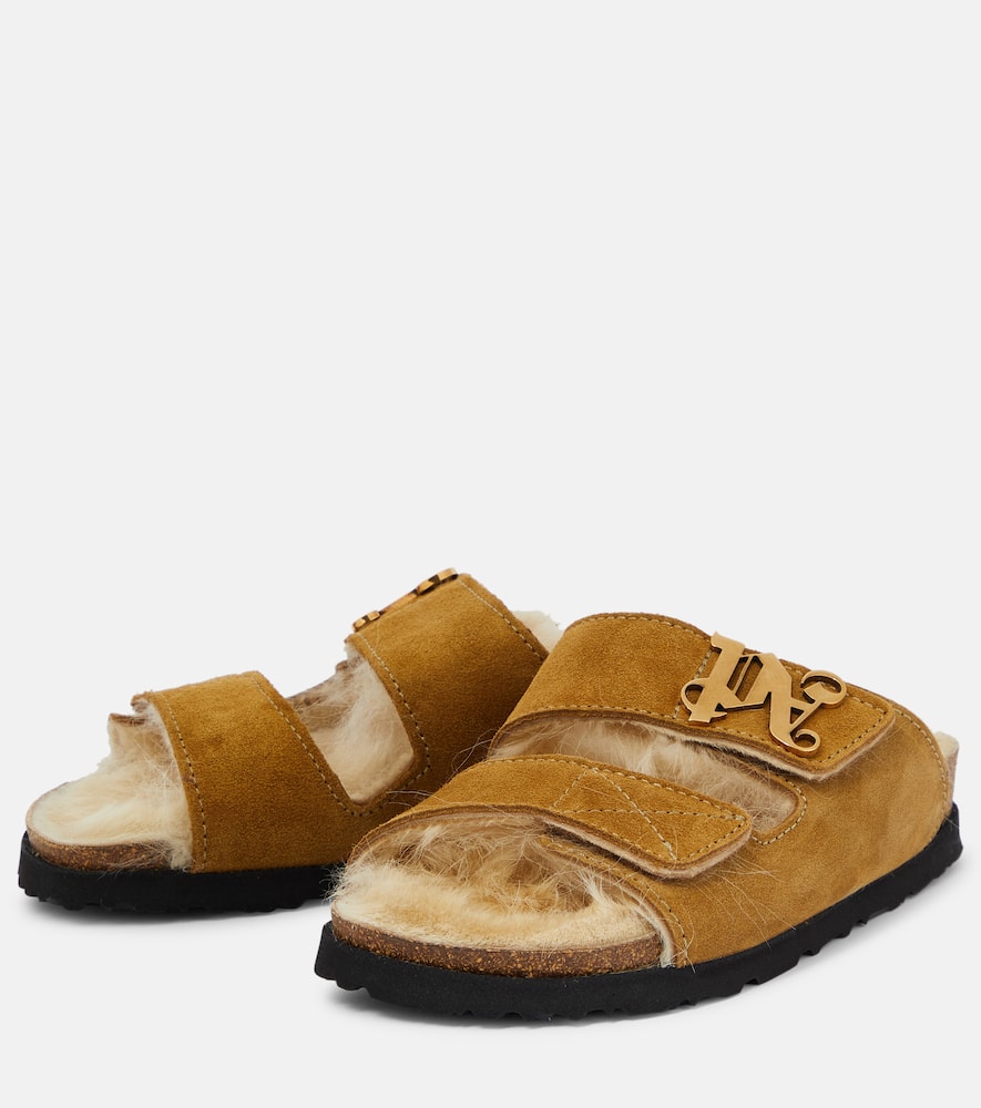 Shop Palm Angels Shearling-lined Suede Slides In Beige