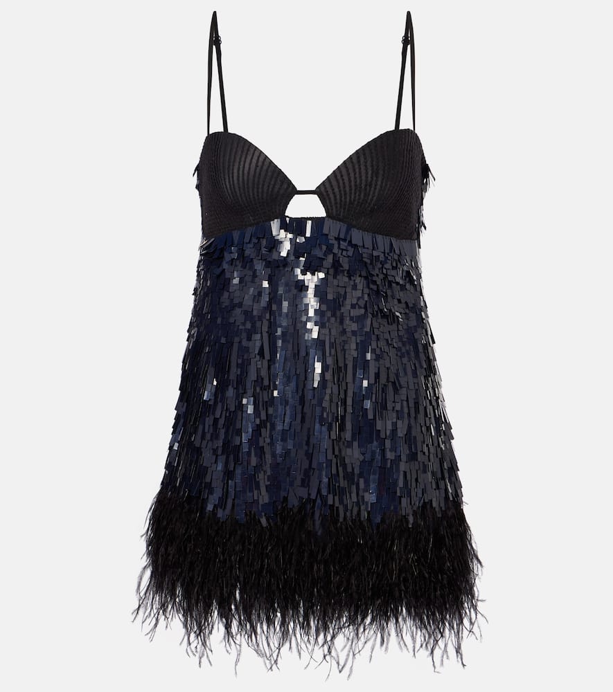 Johanna Ortiz Feather-trimmed Sequined Minidress In Blue