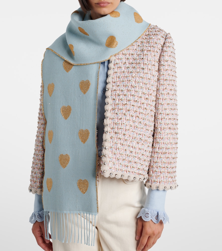 Valentino Heart fringed wool-blend scarf