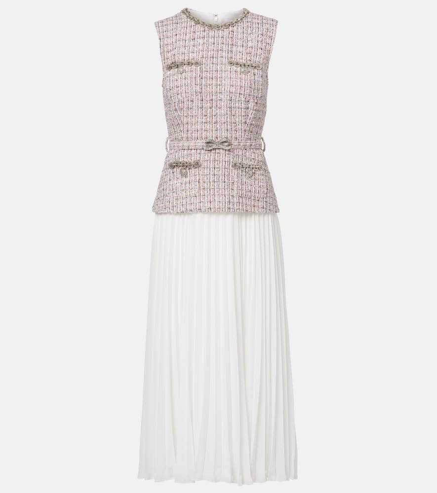 Bouclé and chiffon midi dress