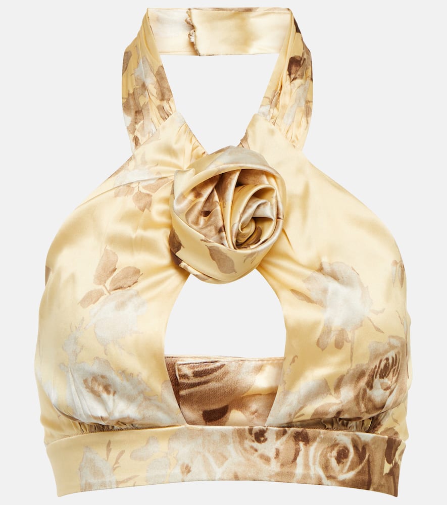 Shop Alessandra Rich Floral Silk Satin Crop Top In Cream