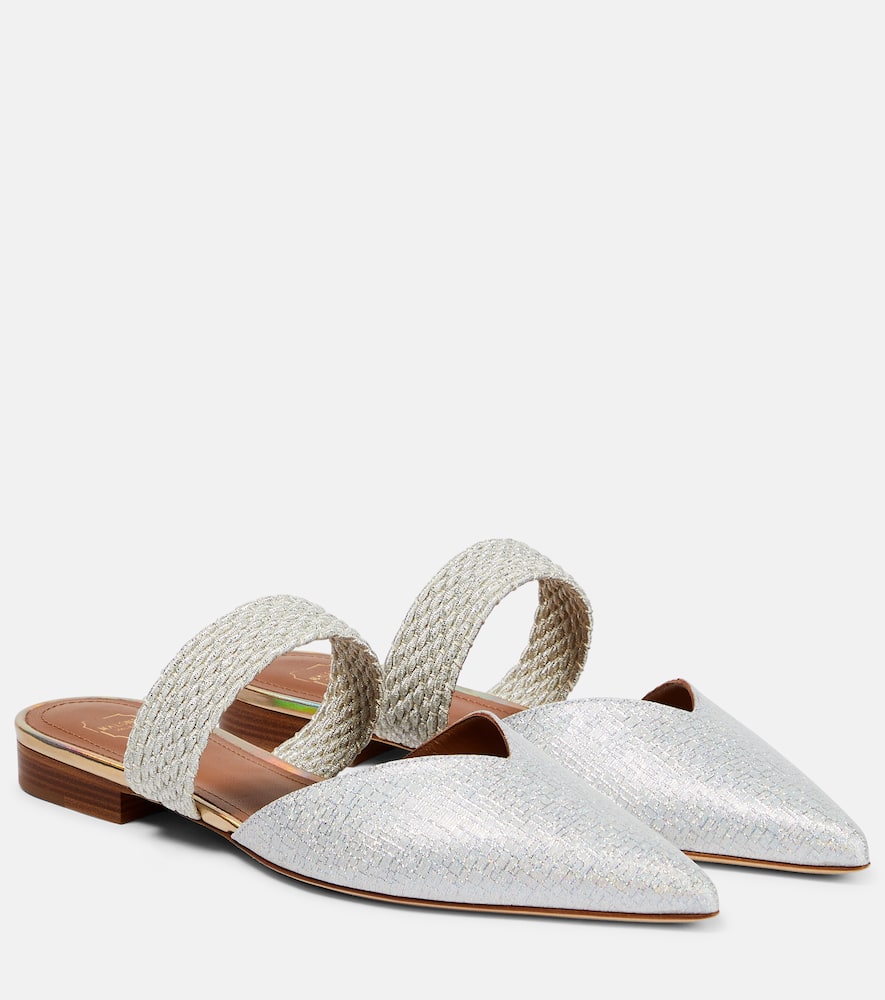 Malone Souliers Maisie Cord-trimmed Metallic Cracked-leather Point-toe Flats In Silver