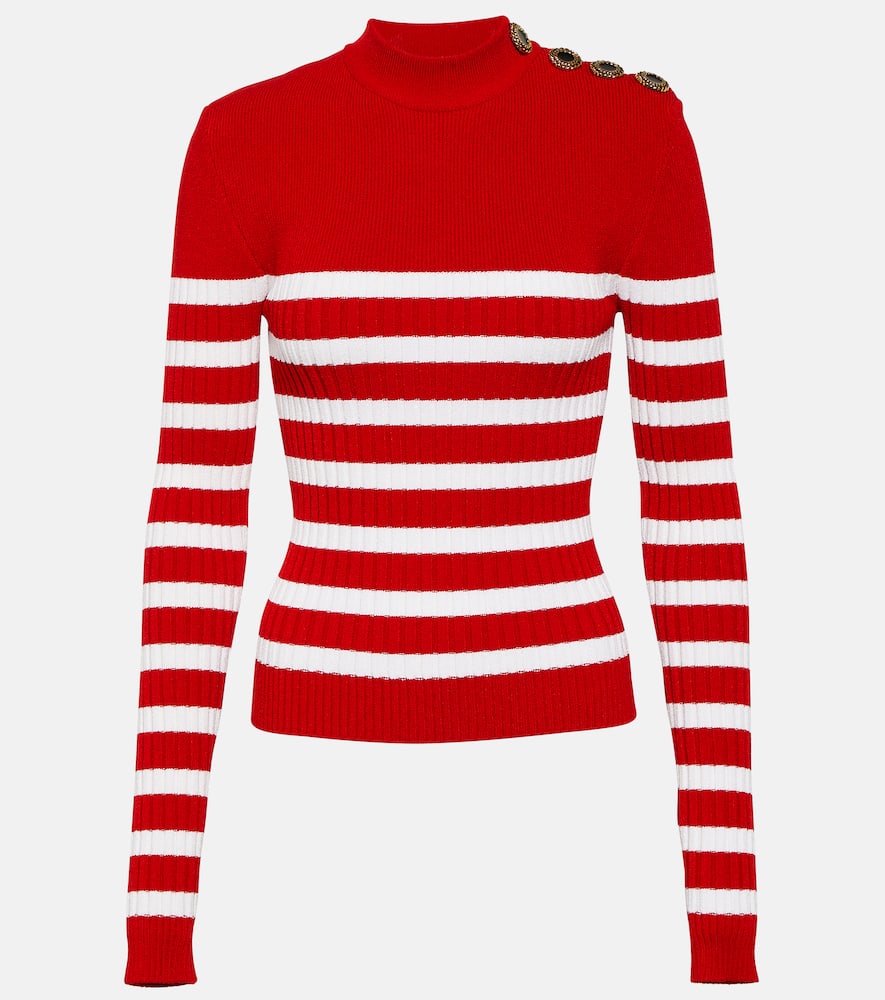 Shop Balmain Embellished Striped Knit Top In Red