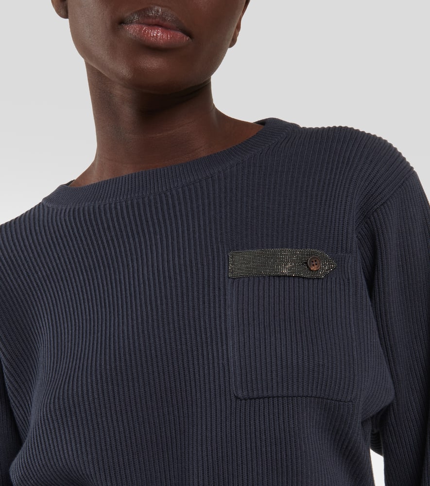 Shop Brunello Cucinelli Cropped Ribbed-knit Cotton Sweater In Night Sky