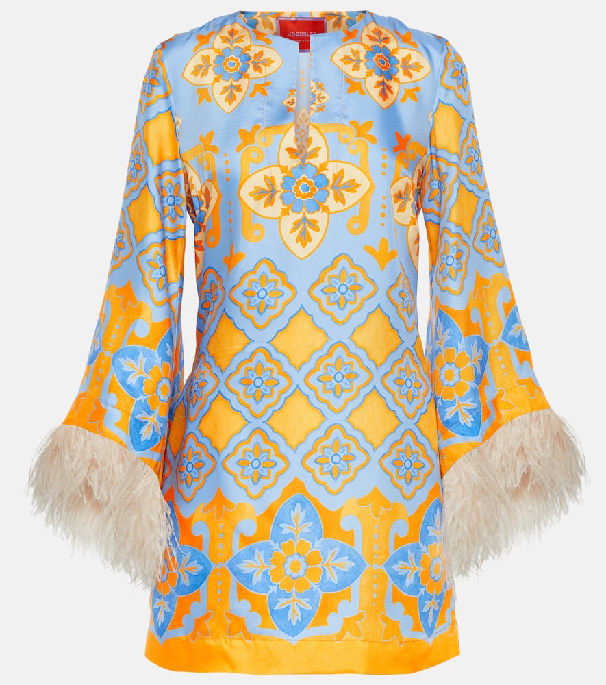 La Doublej Printed Feather-trimmed Silk Minidress In Blue