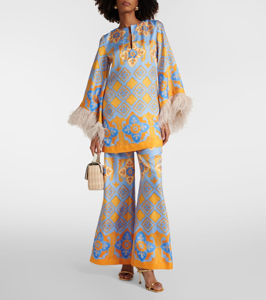 La Doublej Printed Feather-trimmed Silk Minidress In Blue