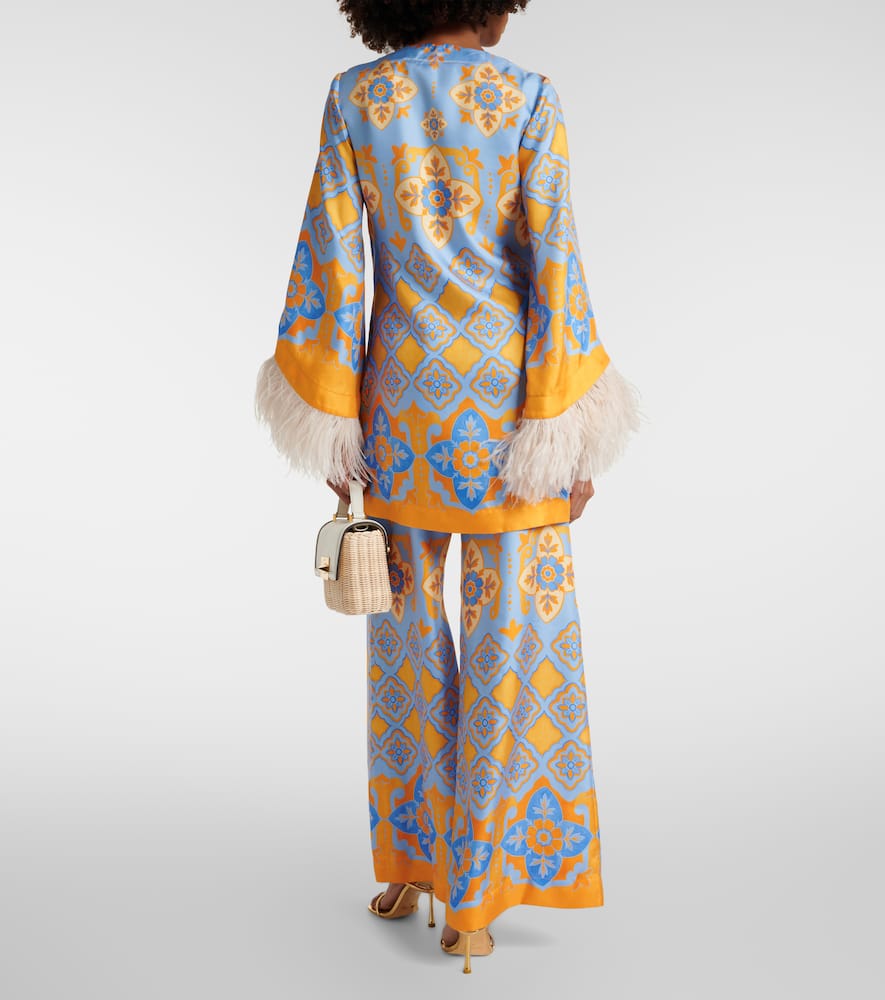 La Doublej Printed Feather-trimmed Silk Minidress In Blue