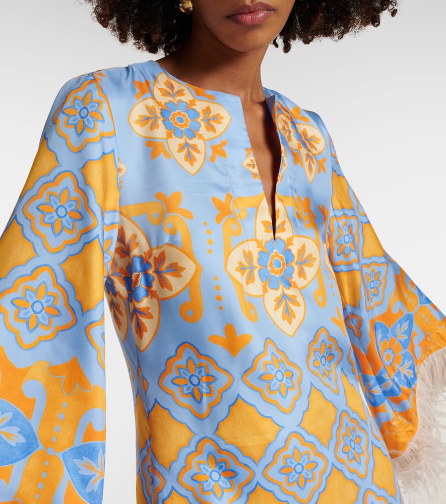 La Doublej Printed Feather-trimmed Silk Minidress In Blue