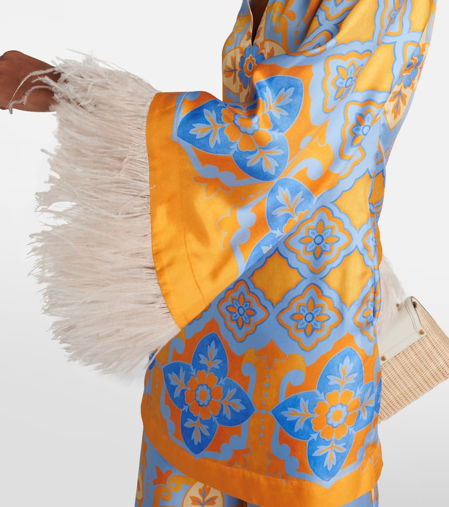 La Doublej Printed Feather-trimmed Silk Minidress In Blue