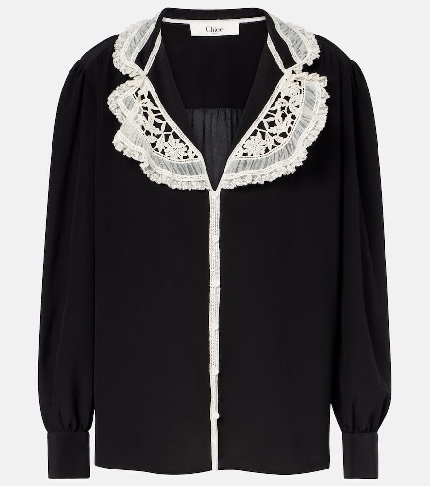 Chloé Lace-trimmed Silk-crepe Blouse In Black