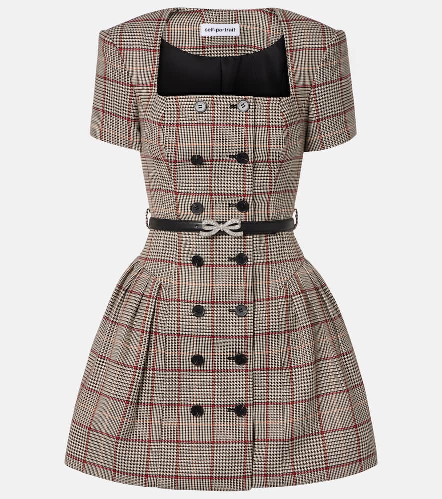 Houndstooth wool-blend twill minidress