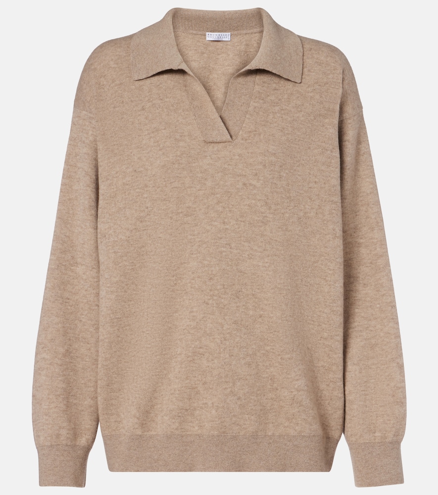 Brunello Cucinelli Monili Cashmere-blend Polo Sweater In Sand