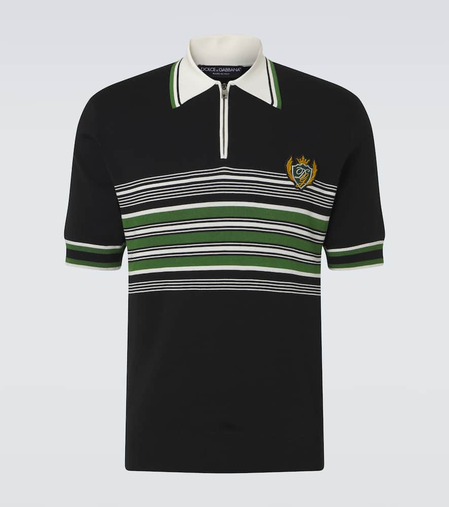 Dolce & Gabbana Embroidered Striped Silk And Cotton Polo Shirt In Black