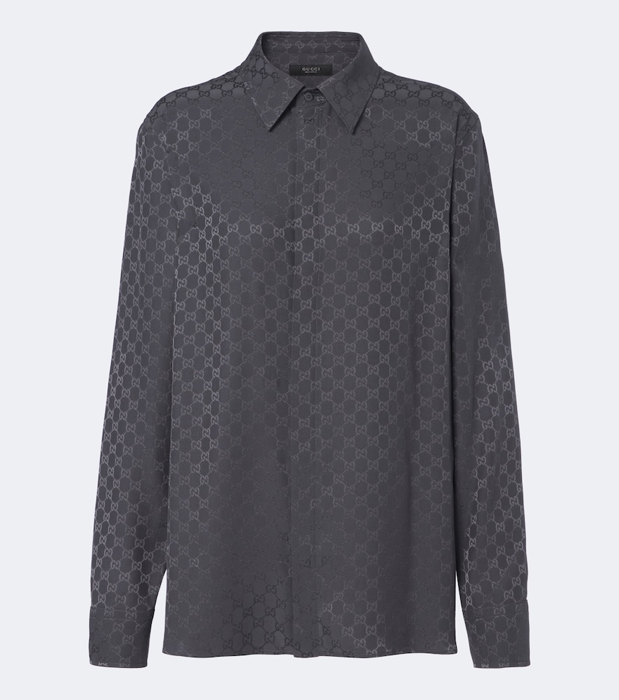 Gucci Gg Printed Silk Twill Shirt In Grey